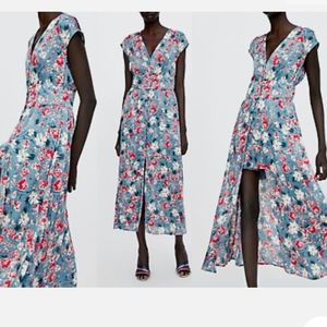 ZARA Blue Jumpsuit Dress w/Floral Print - Small